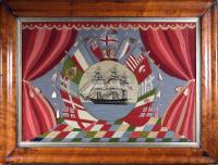 Sailor's Woolwork Woolie of a Royal Navy Ship with Flag of Nations Surround,  Circa 1875  