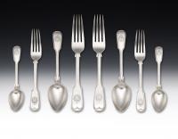 An exceptionally fine Fifty Eight piece Fiddle & Thread Flatware Set made in London by Francis Higgins in 1862