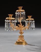 Pair of Early 19th Century Gilt Bronze and Lustres Three Branch Candelabra