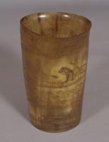 S/4500 Antique Early 19th Century Blond Horn Beaker Engraved with a Foxhunting Scene