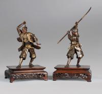 Japanese pair of bronze Samurai warriors signed Yoshimitsu, Meiji Period