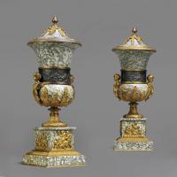 Pair of Bronze Mounted Marble Vases and Covers
