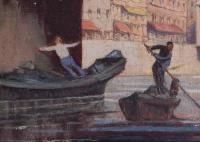 Desmond Kerr (Irish, early 20th Century), Boatmen on the Arno Before Ponte Vecchio, Florence