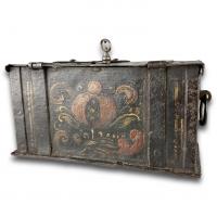Iron strongbox decorated with figures and flowers. German, 17th century