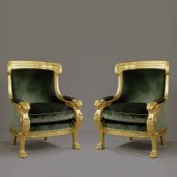 An Important Pair of Empire Style Carved Giltwood Tub Chairs 