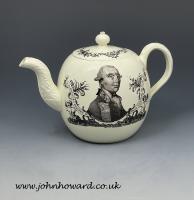 Wedgwood pottery creamware teapot with portrait of Rodney circa 1780 England
