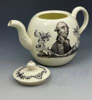 Wedgwood pottery creamware teapot with portrait of Rodney circa 1780 England