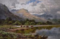 Highland landscape oil painting of cattle at Loch Katrine by Henry Deacon Hillier