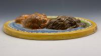 Prattware relief molded plaque with two male lions in repose English pottery circa 1800