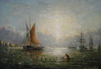 Pair of seascape oil paintings of ships & fishing boats by Adolphus Knell