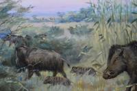Pair of landscape oil painting hunting scenes with wild boar by Godfrey Douglas Giles