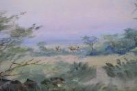 Pair of landscape oil painting hunting scenes with wild boar by Godfrey Douglas Giles