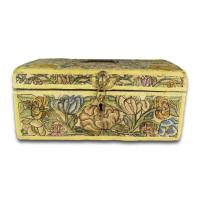 Fine needlework casket decorated with exotic flowers. French, 17th century