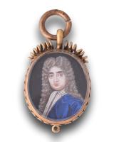 Gold portrait miniature of a wigged gentleman. English, late 17th century