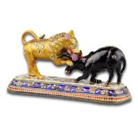 Enamelled gold sculpture of a lion attacking an ox. Indian, 19th-20th century