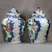 Pair of Chinese wucai baluster jars and covers, Chongzhen period (1628-43)