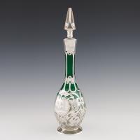 “Glass Decanter” American Green Glass Decanter with Silver overlay by Gorham - circa 1905
