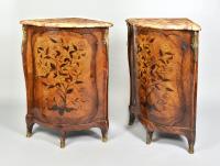 Pair French marquetry encoigneurs with original marble tops, one stamped E. Campbell, c.1775
