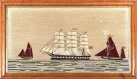 Large British Woolwork of Three Ships Including the Ada and Two Smaller Craft.  Circa 1875.