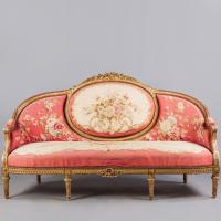 A Fine Napoleon III Period Louis XVI Style Carved Giltwood Canape With Aubusson Floral Tapestry Upholstery French, Napoleon III period.  French, Circa 1870. 