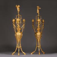 A Pair of Napoleon III Neo-Etruscan Style Gilt-Bronze Three-Light Candelabra by Henri Picard.  French, Circa 1870.