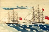 British Sailor's Woolwork of Two Royal Navy Ships  one towing the other,  Circa 1875