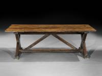 Handsome Trestle Based "X" Frame Dining Table  With Wishbone Bracing Stretchers and Sledge Feet Richly Patinated Pine