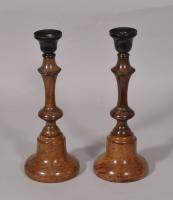 S/5080 Antique Treen 19th Century Pair of Candlesticks of Various Woods