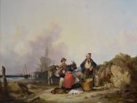 Genre seascape oil painting of fisher folk on a beach by William Shayer