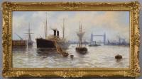 Riverscape oil painting of shipping on the Thames near Tower Bridge & St Paul’s by Edward Fletcher