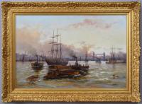 Riverscape oil painting of shipping on the Thames with Tower Bridge in the distance by Edward Fletcher