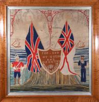 British Sailor's Patriotic Woolwork with a British Soldier and a Royal Navy Sailor with Union Jack and White Ensign, Circa 1880