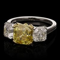 Hancocks Contemporary 2.94ct Fancy Vivid Yellow Asscher Cut Diamond 3 Stone Ring