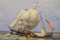 Pair of seascape oil paintings of fishing boats by a Dutch shore by Pieter Cornelis Dommersen