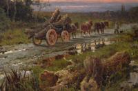 Landscape oil painting of a logging cart on a country track by Henry H Parker