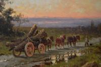 Landscape oil painting of a logging cart on a country track by Henry H Parker