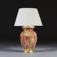 Red and Gold Slip Glaze Art Pottery Lamp with Brass Mounts