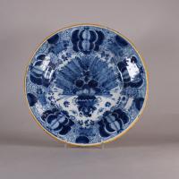 Dutch Delft blue and white Peacock plate, front view of delft platter