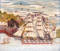 British Sailor's Woolwork Picture of a Royal Navy Ship Entering a Port During the Crimea War.