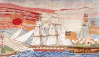 British Sailor's Woolwork Picture of a Royal Navy Ship Passing Land with The Sun Setting in The Background