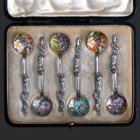 Japanese Meiji period silver and enamel teaspoons