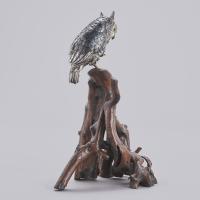 Japanese bronze owl perched on a root wood base signed Hideharu Meiji period