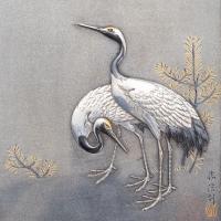 Japanese silver box with cranes signed Ishikawa Katsunobu, Meiji Period