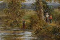Landscape oil painting of figures fishing near a watermill by Thomas Thomas
