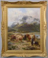 Scottish landscape oil painting of a figure with Highland Cattle by Henry Garland