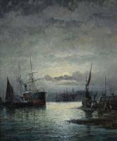 Pair of seascape oil paintings of shipping at Rochester on the Medway by Hubert Thornley