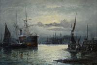 Pair of seascape oil paintings of shipping at Rochester on the Medway by Hubert Thornley