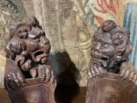 Set of Four Late 16th / Early 17th Century English Oak Lion Newel Post Finials
