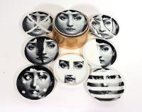 Early Set of Piero Fornasetti Eight Themes & Variations Coasters with Original Gold Box, "Tema E Variazioni", 1960s