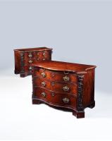 A Highly Important Pair of George II Period Serpentine Fronted Mahogany Commodes Attributed to the Workshop of William Vile or William Hallett. The Carving Possibly by John Boson
